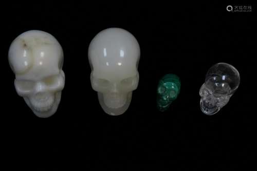 4 Rock Crystal, Malachite, Marble Skull