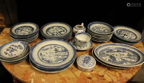 Antique Canton Blue and White Porcelain Set