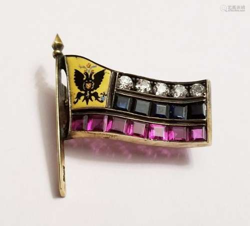 Antique Russian Gold Enamel Diamond Sapphire Flag