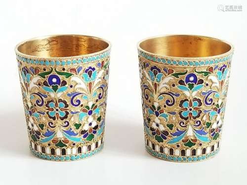 19C Russian Gilt Silver Enamel Pair Cups Beakers