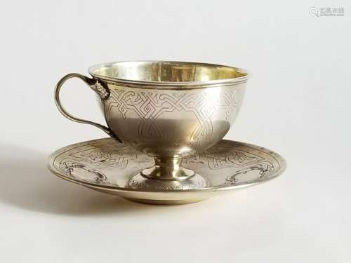 19C Antique Russian Silver Cup & Saucer