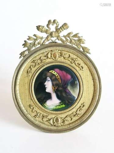 19C Austrian Enamel Portrait Sign Bronze Frame