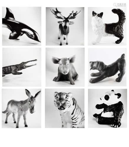 Group of Nine Plastic Toy Animal Portraitscirca 2001chromogenic printseach 7 1/8in x 7 1/8in (18.7cm x 18.7cm)  Jean Baptiste Mondino (born 1949)