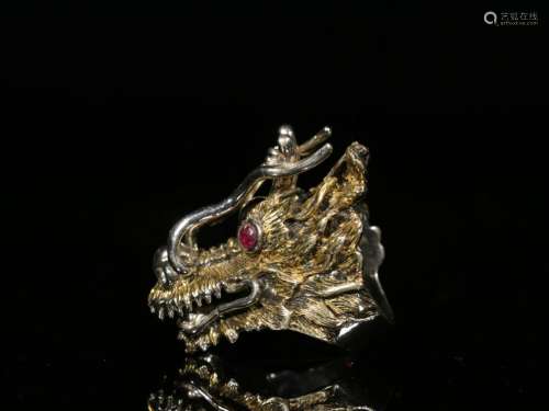 Chinese Gilt Silver Dragon Head Ring