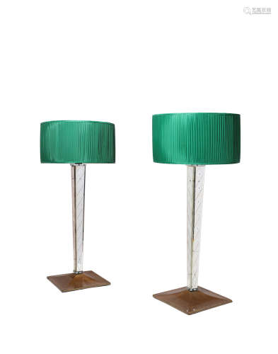 Pair of Custom Floor Lampscirca 2001mirrored glass, enameled wood, screen pleated silk, acrylicheight 57in (144.7cm); diameter of shade 25in (63.5cm); width of base 18in (45.7cm)  Philippe Starck (born 1949)