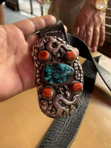 Tibetan Belt Buckle w Coral and Turquoise