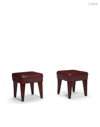 Pair of Custom Stoolscirca 2001stained wood, ostrich leather by Edelman height 15 1/4in (38.7cm); width 15 1/4in (38.7cm); depth 15 1/4in (38.7cm)  Philippe Starck (born 1949)