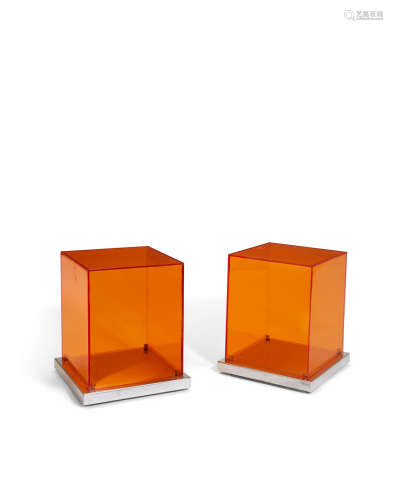 Pair of Custom Bedside Tablescirca 2001acrylic, chrome plated metal, nylonheight 21 3/4in (55.2cm); width 17 3/4in (45cm); depth 17 3/4in (45cm)  Philippe Starck (born 1949)
