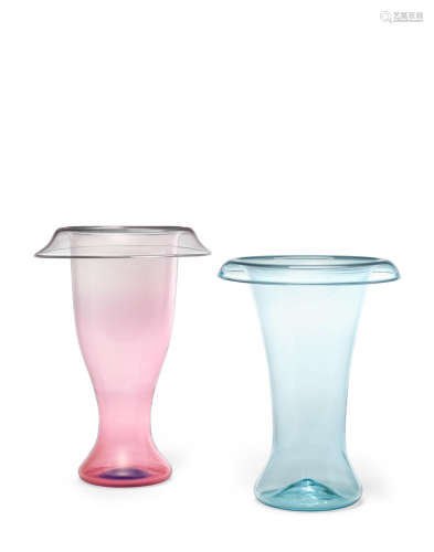 Two Rare Sorpresa Vasescirca 1960 model nos. 7774-1960 and 7880-1960, for Aureliano Toso, glass, blue vase with paper label VETERIA AURELIANO TOSO MURANOheight of pink vase 11in (28cm); height of blue vase 10in (25cm)  Dino Martens (1894-1970)