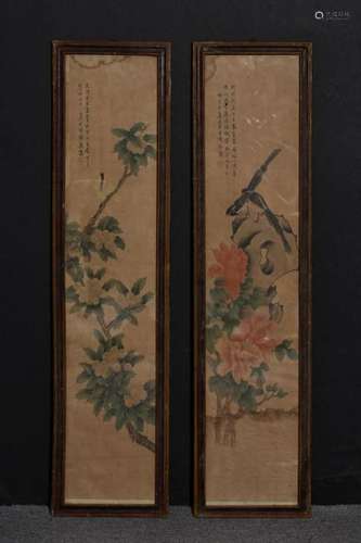 Two Chinese Birds&Flowers Painting w Calligraphy