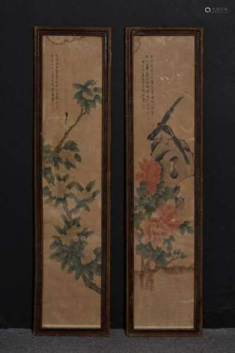Two Chinese Birds&Flowers Painting w Calligraphy