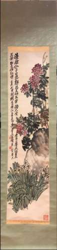 Chinese Ink&Color Scroll Painting w 2 Red Seal