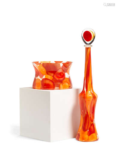 Nerox Bottle with Stopper and Vasecirca 1958for Fratelli Toso, blown glass height of bottle 18in (45.7cm); diameter of vase 7in (17.8cm)  Ermanno Toso (1903-1973)