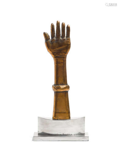 Hand Sculpture 1980sstainless steel, bronze, apparently unsignedheight 20 1/4in (51.4cm); width 9 3/8in (23.8cm); depth 3 3/4in (9.5cm)  Karl Springer (1931-1991); Attributed to