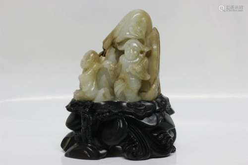 Chinese Hetian Jade Carved Boys and Moutain