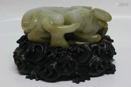 Chinese Hetian Jade Carved Buffalo w Boy