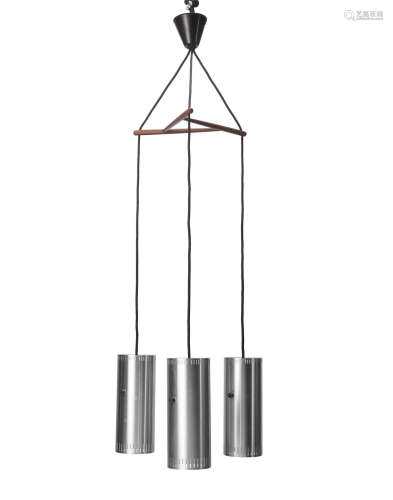 Triple Ceiling Lightcirca 1960for Fog & Mørup, aluminum, teak, plastic capdrop 50 1/2in (128.3cm)  Kai Kristiansen (Born 1929)