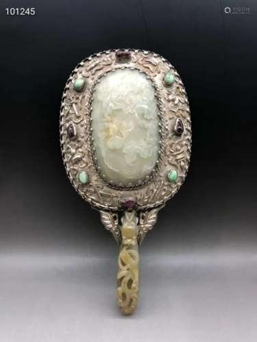 Qing Chinese Hand Mirror w White Jade