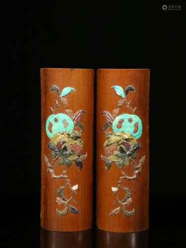 Pair of Late Qing Chinese Bamboo Wrist Rest w Agat