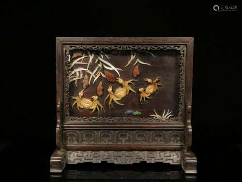 QingChinese Lacquer Table Screen w ZitanWood Frame