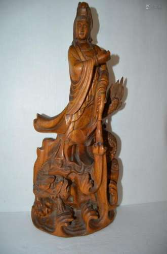 Antique Chinese Quan Yin box Wood Statue/Figurine
