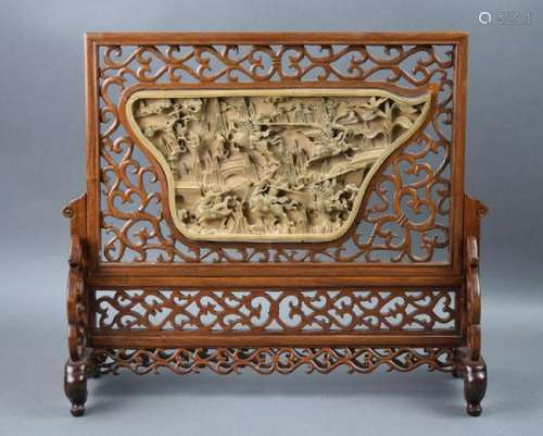 Chinese carved boxwood inlaid hardwood screen