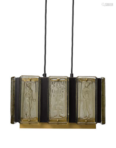 Ceiling Lampcirca 1965for Boda Glasbruk, enameled metal, brass, glassheight 9 1/4in (23.5cm); length 16 7/8in (42.9cm); width 7in (17.8cm); drop 40in (101.6cm)  Einar Backstrom and Erik Hoglund