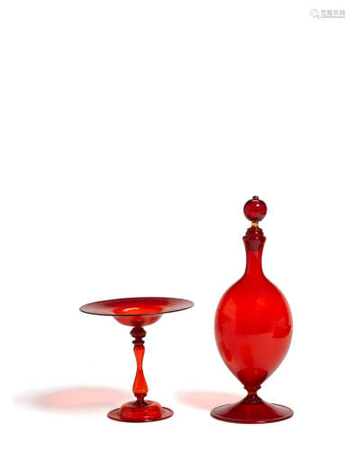 Red Bottle with Stopper and Tazzasecond quarter 20th centuryglass, apparently unsignedheight of bottle 13 1/2in (34.3cm); diameter 5 1/2in (14cm)  Murano