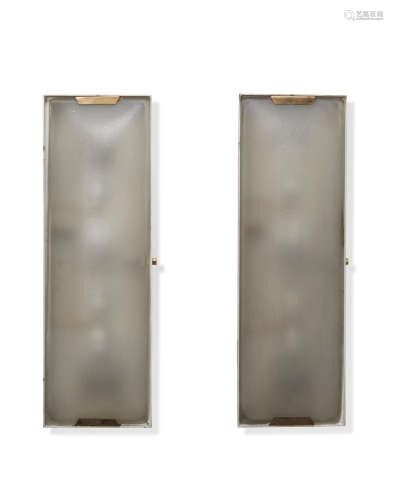 Pair of Wall Appliquesthird quarter 20th centuryfrosted glass, brass, each with Stilnovo labelheight 18 3/4in (47.6cm); width 6 7/8in (17.5cm); depth 2 7/8in (7.3cm)  Stilnovo (Founded 1946)