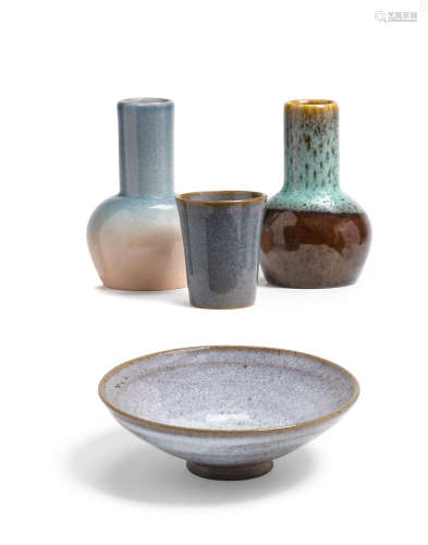 Two Miniature Vases, Bowl and Cupglazed stoneware and terracotta, three inscribed 'McIntosh', one inscribed 'Harrison McIntosh'height of tallest 3 1/2in (9cm)  Harrison McIntosh (1914-2016)