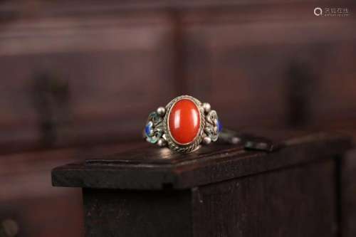 Chinese Coral Silver Ring