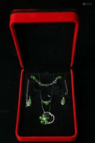 Set of Spinach Jade Necklace, Earring and Bracelet