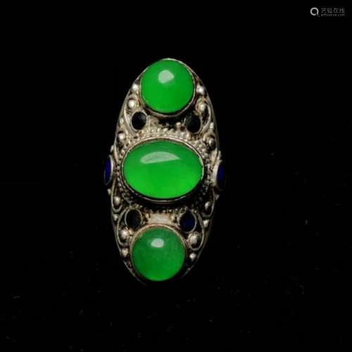Chinese Silver Ring w Green Stone