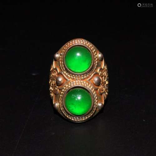 Chinese Silver Ring w 2 Green Stones
