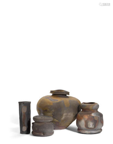 Group of Four Vesselscirca 1990raku glazed earthenware, comprising three vases and a covered jar, largest vase incised 'Chaleff 92 153', another vase incised 'Chaleff 90 NY', one vase unmarked, covered jar incised 'Chaleff 90 153'heights 8in (20.4) to 18 1/2in (47.5cm)  Paul Chaleff (Born 1947)