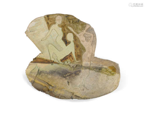 Figural Relief Plaquepartially glazed earthenware, unsigned20 x 25in (51 x 64cm)  Paul Soldner (1921-2011)