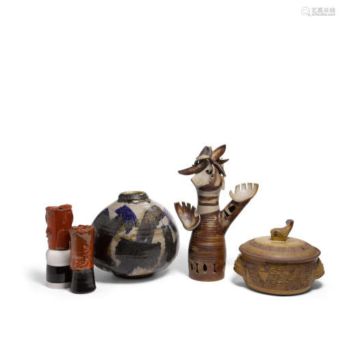 Group of Five Objectsglazed earthenware and stoneware, each signed by the artistheights 10 1/4 to 15in (26 to 38cm); widths 4 to 16 1/2in (10.1 to 41.9cm)  Dora De Larios (born 1933)
