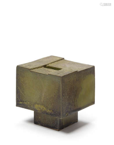 Square Form with Pieced Top1977glazed earthenware, signed in black 'OTTO NATZLER 1977', bearing paper label with typed inscription 'X068', with artist's stamp, together with original gallery exhibition bookheight 4 3/4in (12cm); width 4 1/2in (11.4cm); depth 4 1/2in (11.4cm)   Otto Natzler (1908-2007)