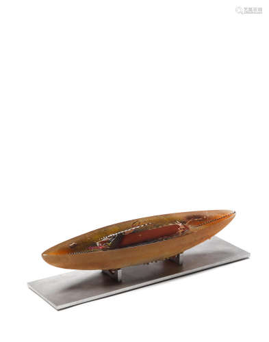 Triangle Boat1988cast glass, brushed aluminum, engraved 'B. Vallien Pilch.3.88'overall height 4 1/2in (11.4cm); width of base 21in (53.3cm); depth of base 6in (15.2cm)  Bertil Vallien (born 1938)