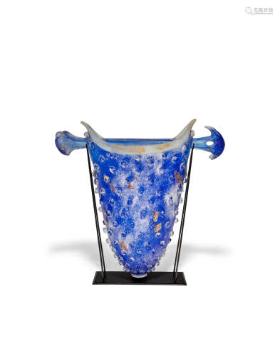 Urn model no. A91206.03, blown glass, with applied prunts, enameled steel stand, engraved 'William Morris 1990'vase height 28 1/2i (72.5cm); width 19in (48cm); depth 11 1/2in (29cm)  William Morris (born 1957)