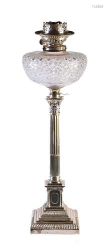 An Edwardian silver columnar table oil lamp