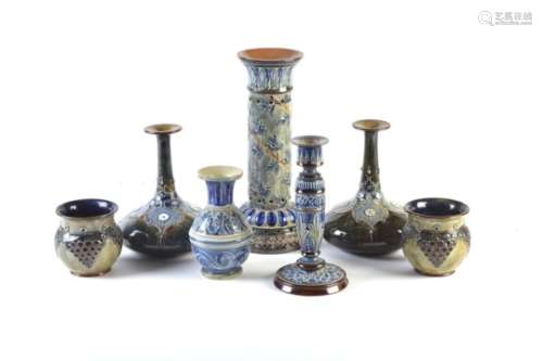 A pair of Doulton Lambeth Pottery Stoneware bottle vases