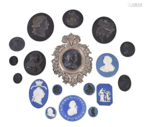 A group of eighteen various Wedgwood and Wedgwood & Bentley black basalt and blue Jasper medallions