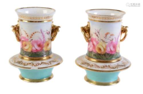 A pair of English porcelain two-handled cylindrical spill vases with annular basal sections