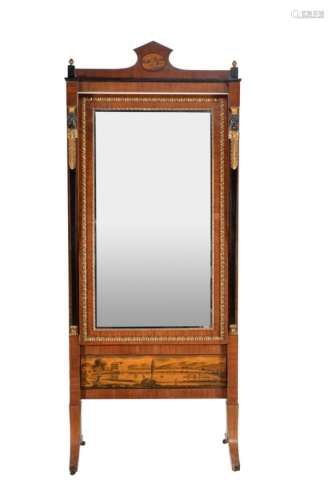A Continental mahogany, giltwood and penwork cheval mirror in Empire style