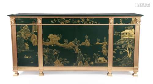 A pair of green lacquered and gilt Chinoiserie decorated side cabinets