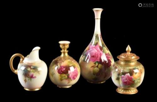 Four items of Royal Worcester porcelain painted with Hadley type roses