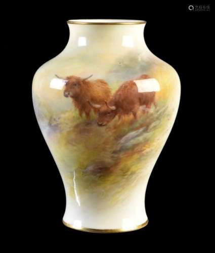 A Royal Worcester inverted baluster vase signed and painted by H. Stinton with Highland cattle