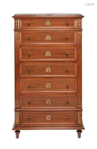 A French mahogany and marble topped chest of drawers or semmanier