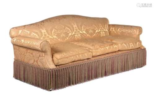 A pair of damask upholstered three seat sofas